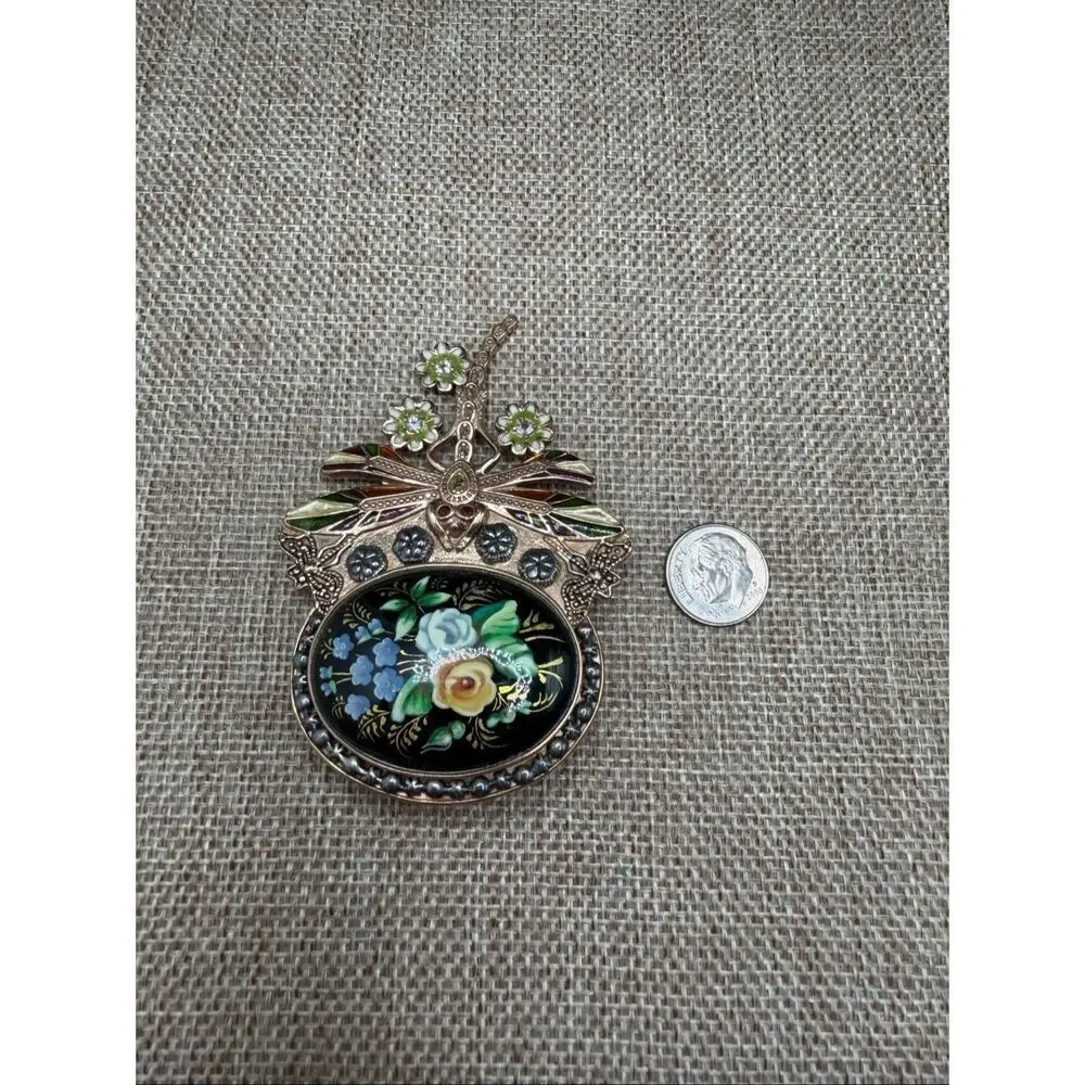Unique Estate Amy Kahn Russell Bronze Dragonfly Floral Large Pin Pendant